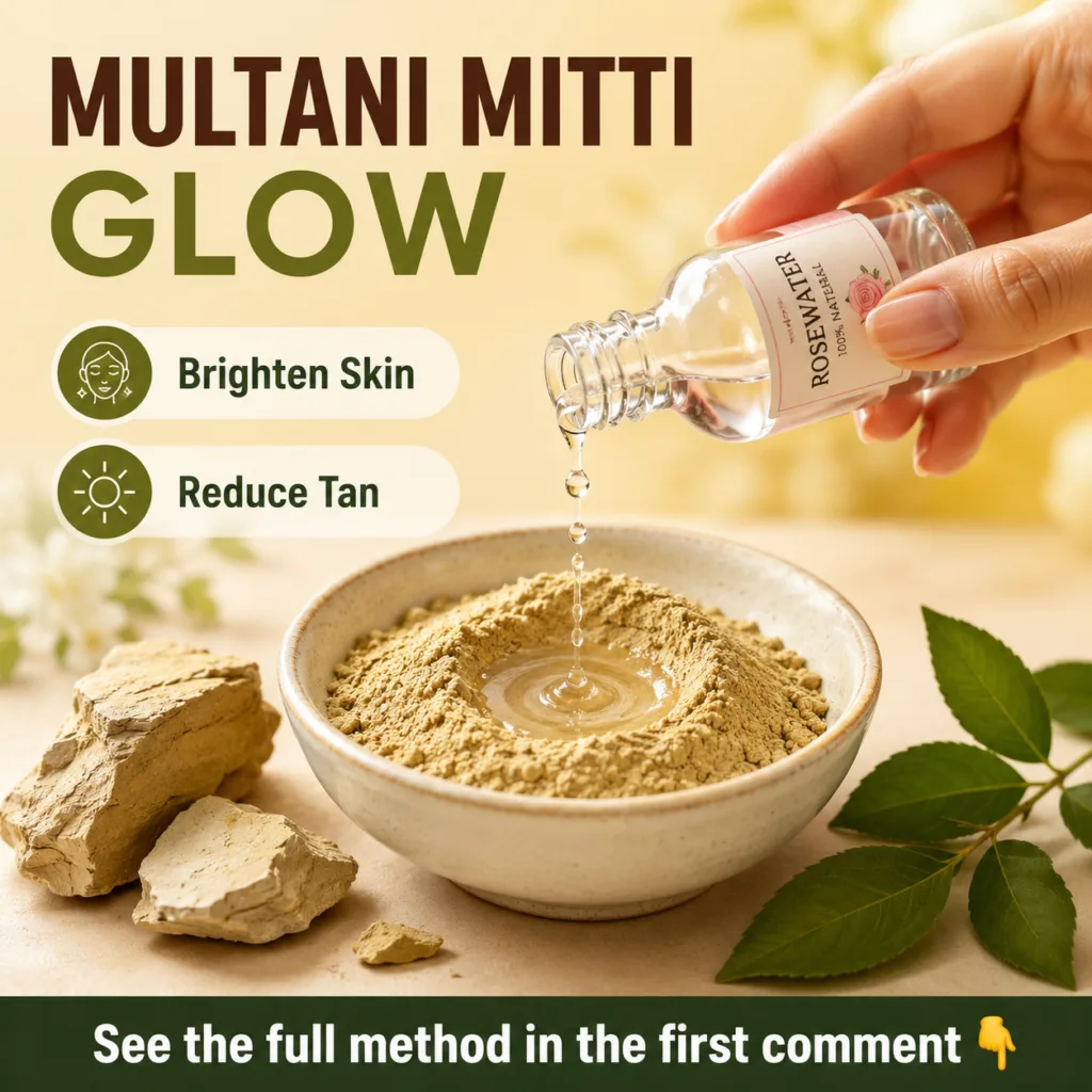 A close-up shot of Multani Mitti powder in a small wooden bowl next to a fresh rose petal and a small mixing spoon sugge