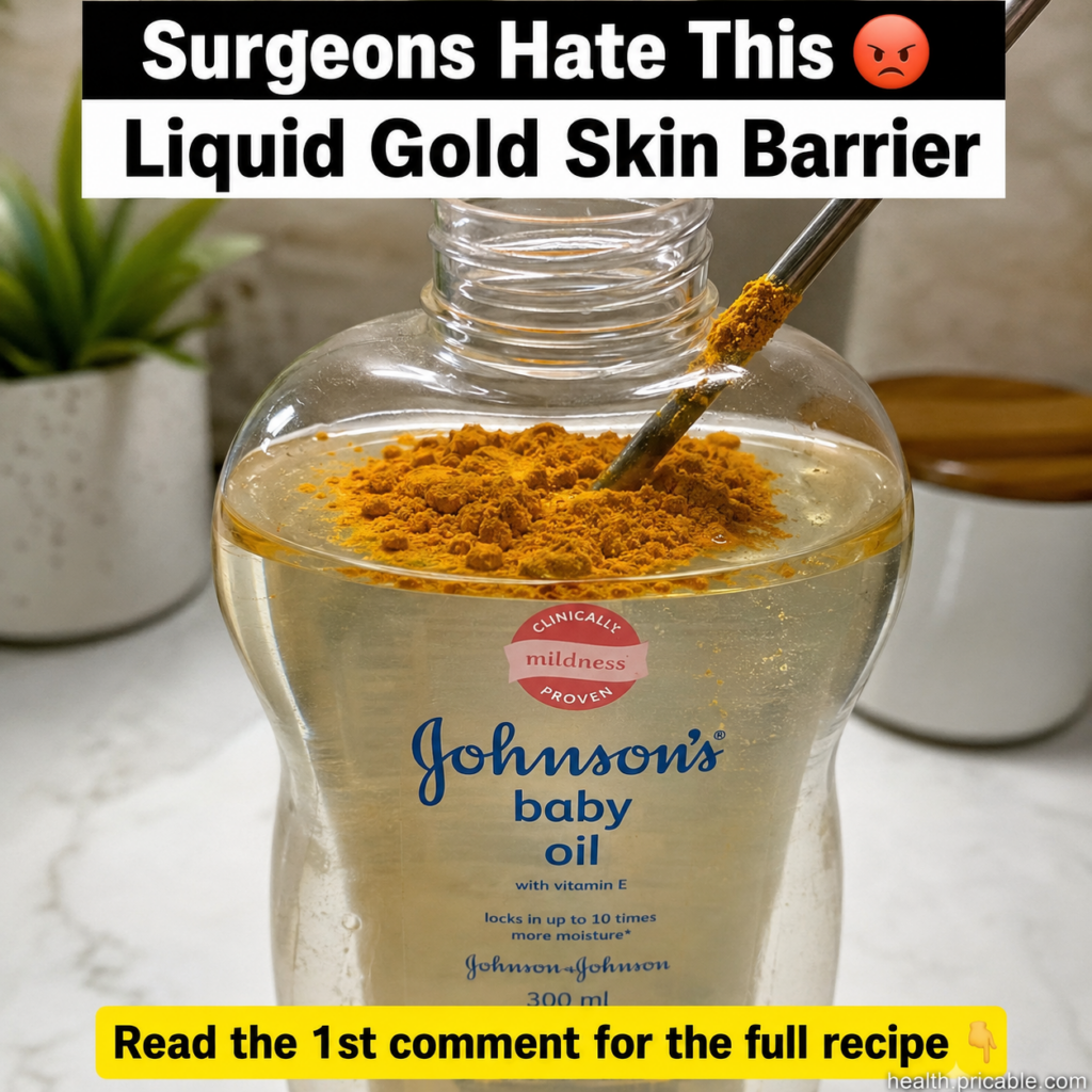 A small glass bottle of golden liquid next to a bottle of baby oil and a bowl of turmeric powder