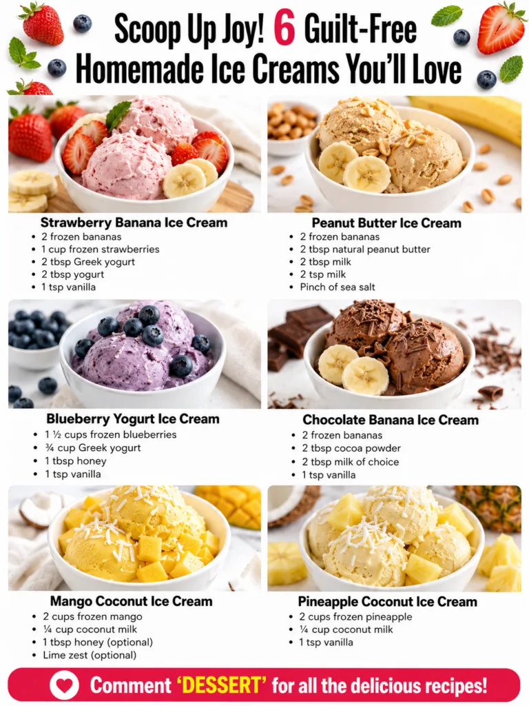 A vibrant and inviting image featuring six different scoops of homemade healthy ice cream surrounded by fresh fruits lik