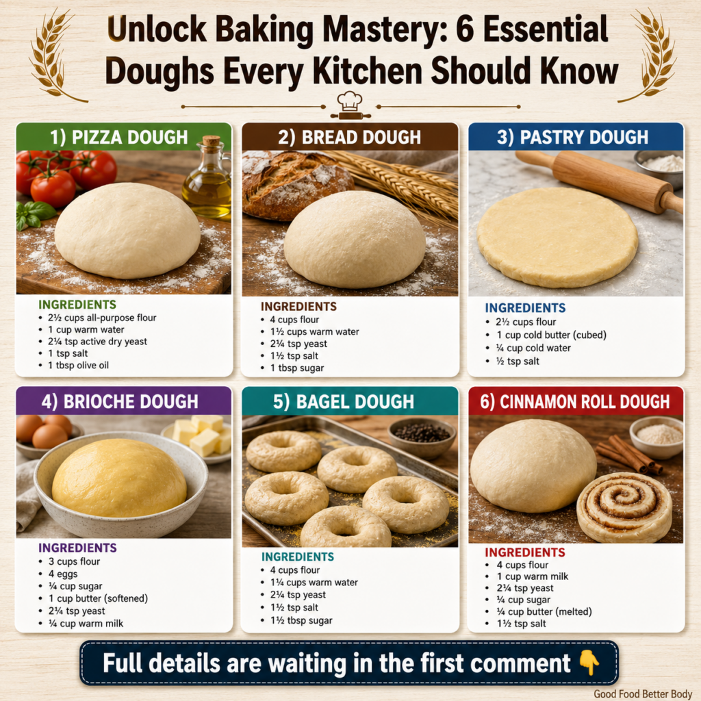 A variety of six different types of raw doughs arranged on a rustic wooden baking surface each distinct in texture and c