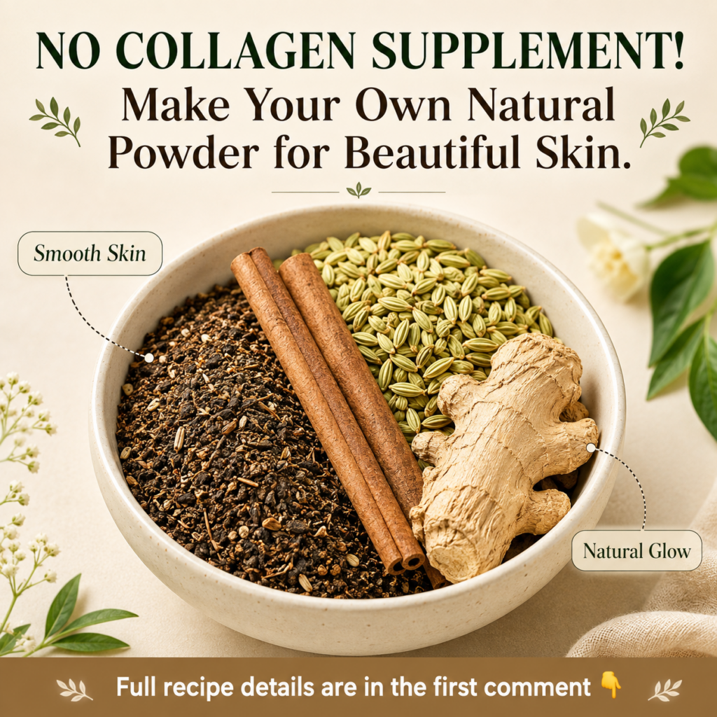 A woman preparing a homemade natural collagen powder with natural ingredients like seeds cinnamon and ginger visible on 