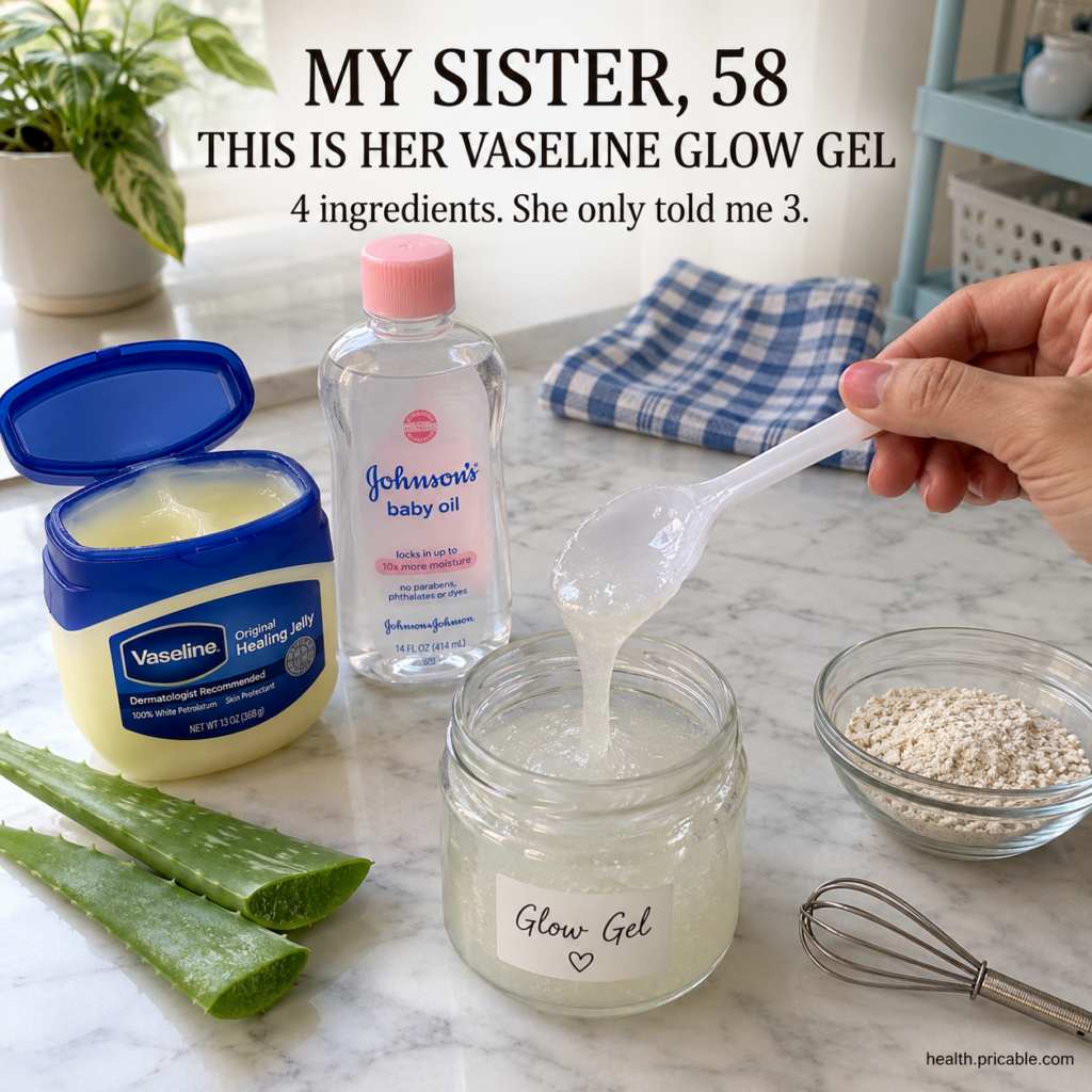 A small clear glass jar of homemade Vaseline glow gel with a spoon beside it on a clean bright white surface The gel loo