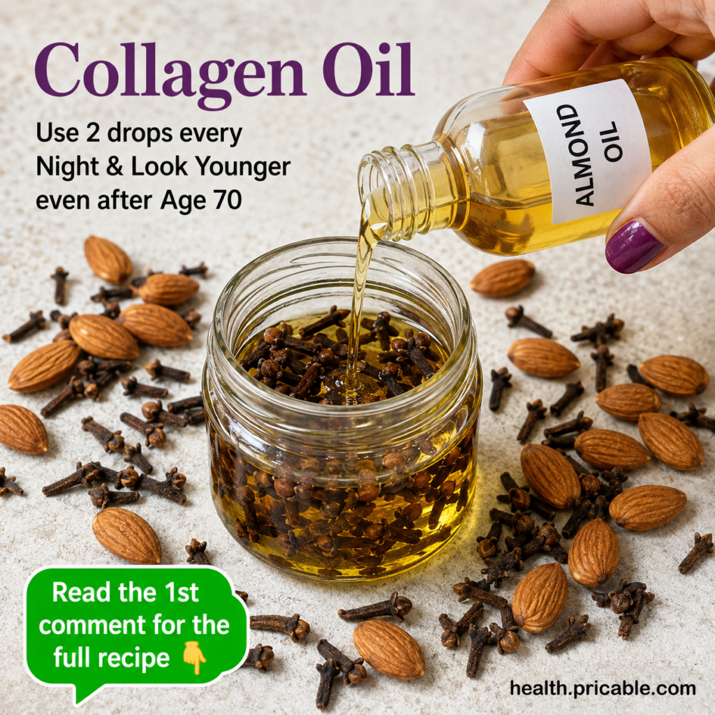 A close-up of a small glass bottle of golden almond oil with whole dried cloves beside it on a rustic wooden surface wit