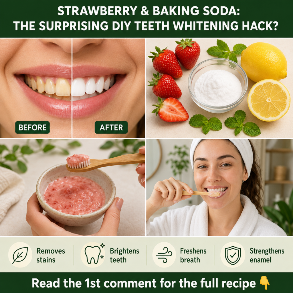 A close-up shot of a small bowl containing mashed strawberries mixed with a white powder likely baking soda on a rustic 