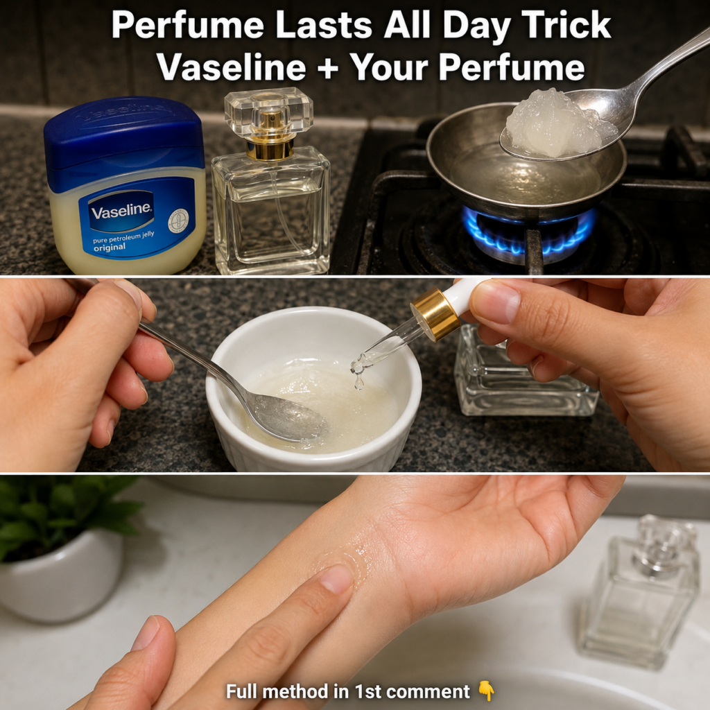 A small amount of Vaseline being melted in a spoon over a very low flame with a bottle of perfume nearby