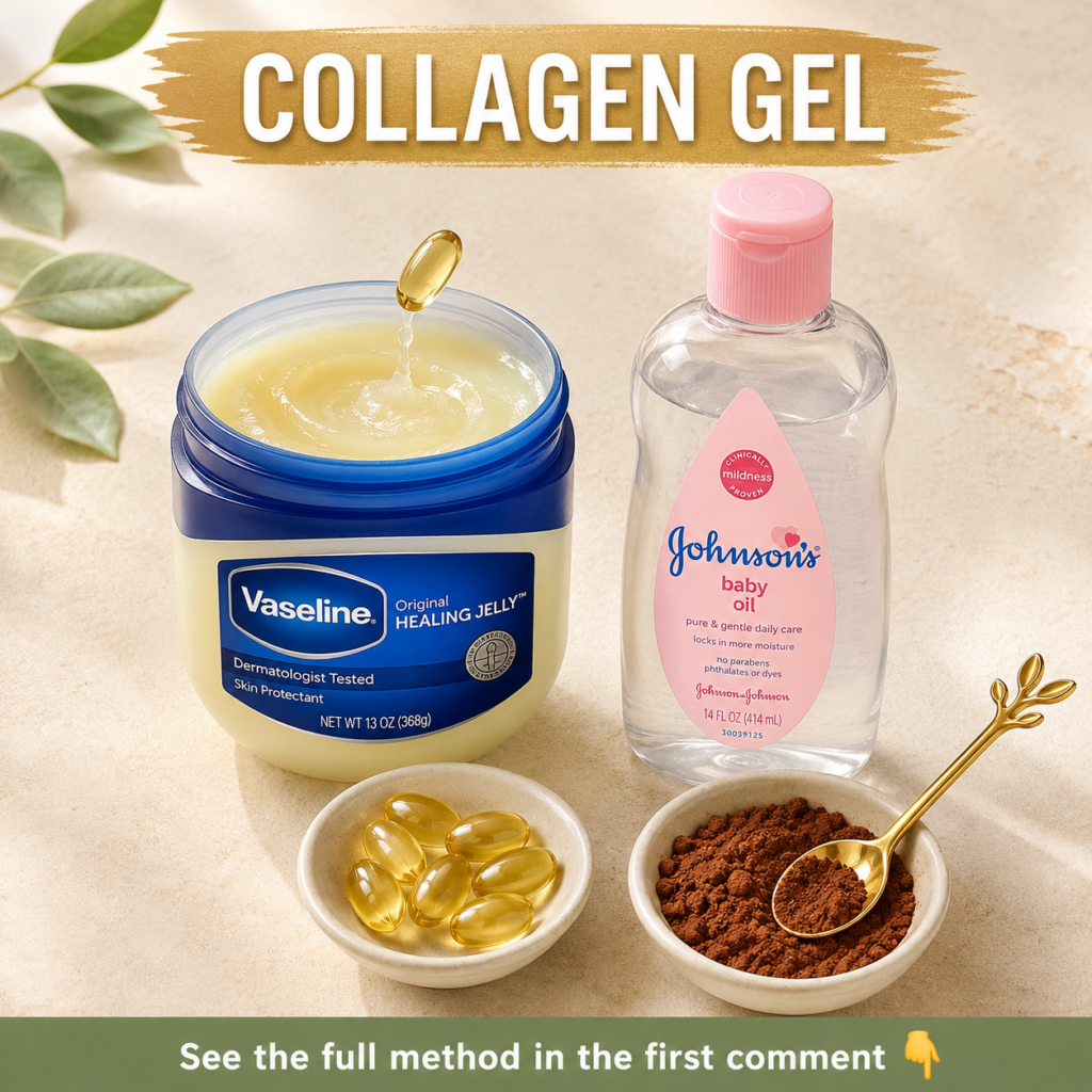 A close-up shot of the three ingredients a jar of Vaseline a bottle of Johnson s Baby Oil and a small container of Vitam