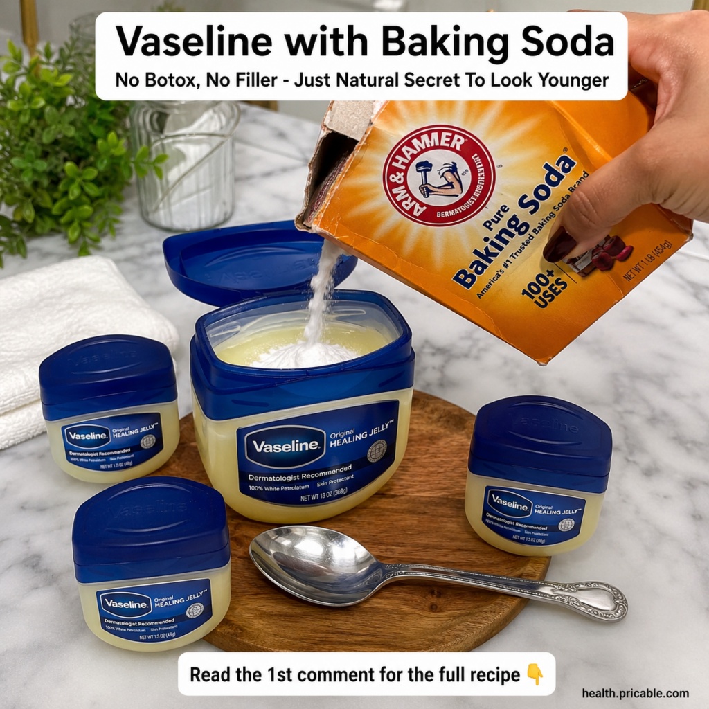A close-up of a small glass jar of petroleum jelly Vaseline next to a small bowl of white baking soda suggesting a simpl