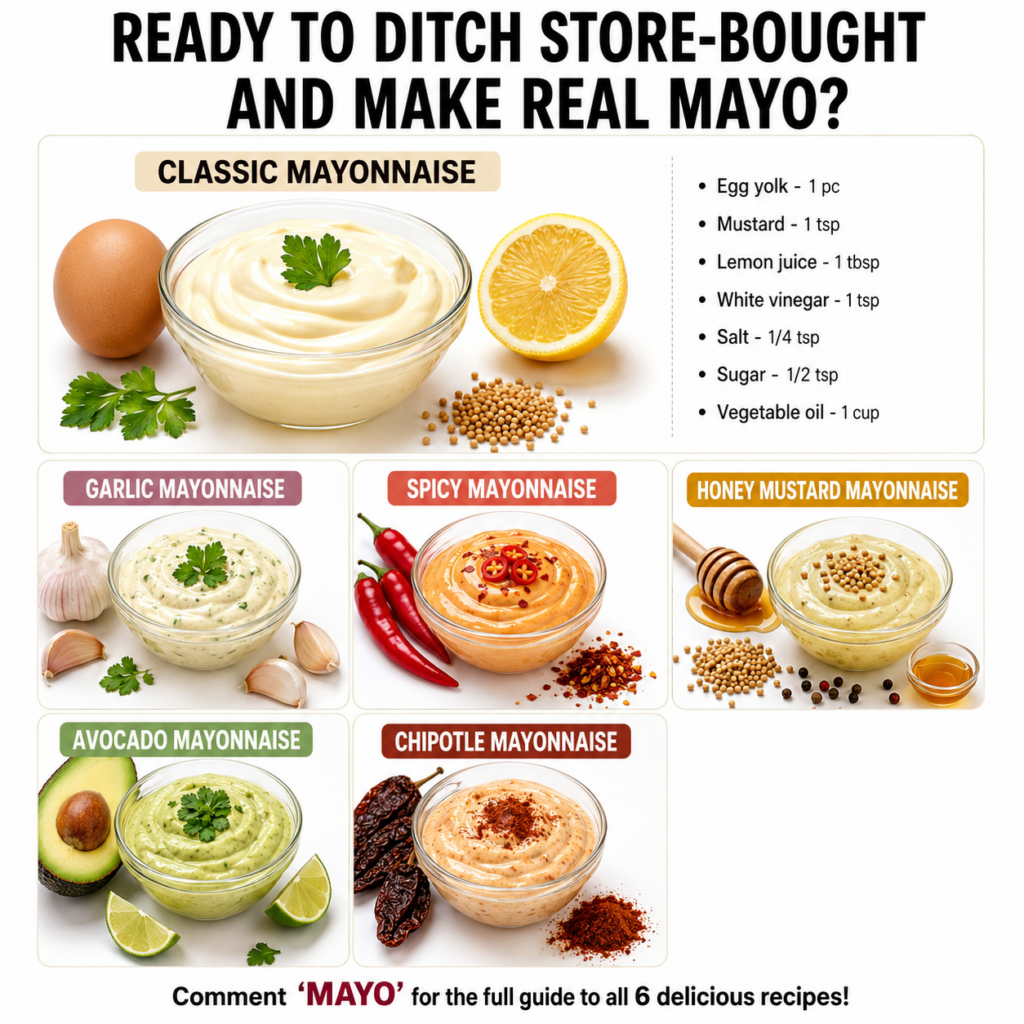 A vibrant top-down shot of a jar of freshly made classic mayonnaise surrounded by ingredients like eggs lemons and olive