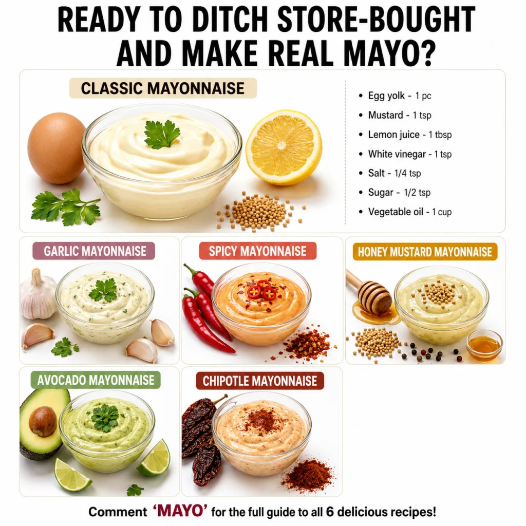 A vibrant top-down shot of a jar of freshly made classic mayonnaise surrounded by ingredients like eggs lemons and olive