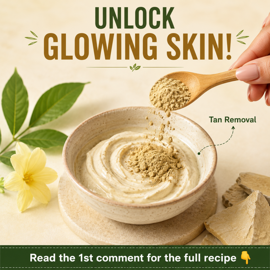 A close-up of Multani Mitti powder in a bowl with a small wooden spoon possibly with some rosewater or other natural ing