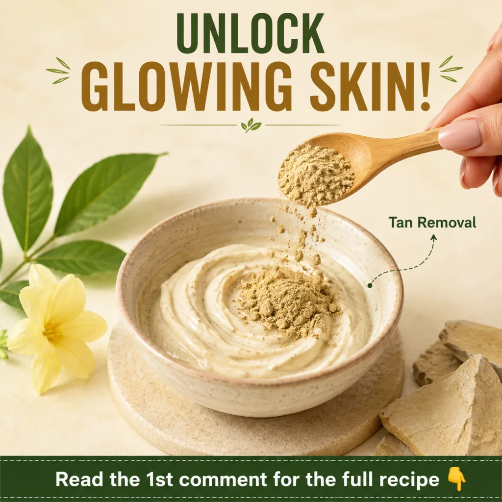 A close-up of Multani Mitti powder in a bowl with a small wooden spoon possibly with some rosewater or other natural ing