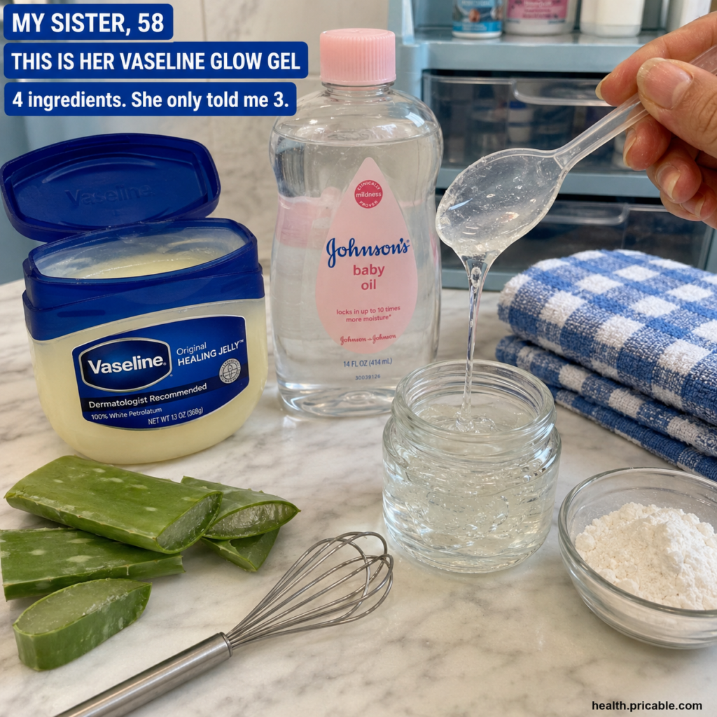 A woman in her late 50s with radiant glowing skin smiling gently with a small jar of homemade Vaseline glow gel next to 