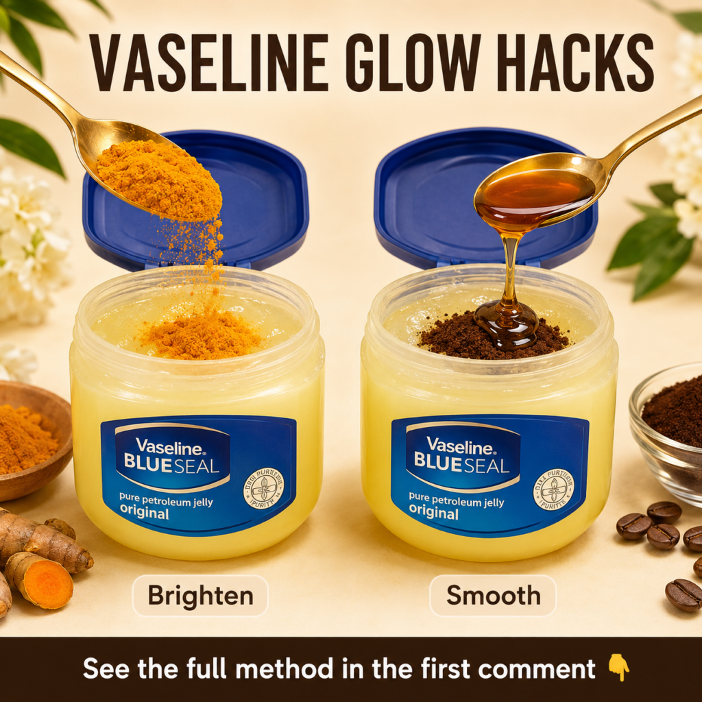 A jar of Vaseline surrounded by natural ingredients like turmeric powder coffee beans and small bowls suggesting a DIY b