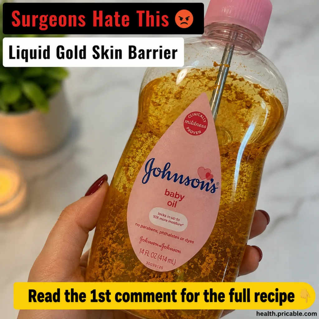 A close-up shot of a small glass bowl containing a vibrant yellow turmeric powder and a bottle of baby oil next to it on
