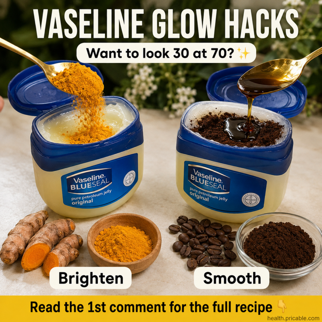 Ingredients for the Vaseline turmeric and coffee glow hack laid out on a clean surface a jar of Vaseline a small bowl of