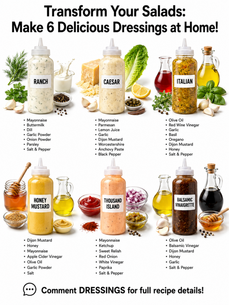 An array of six different homemade salad dressings in small glass jars arranged appealingly next to fresh salad ingredie