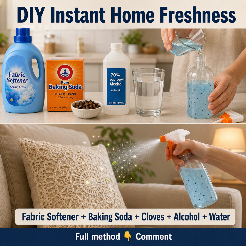 Ingredients for a DIY room spray a spray bottle fabric softener baking soda and whole cloves on a wooden surface
