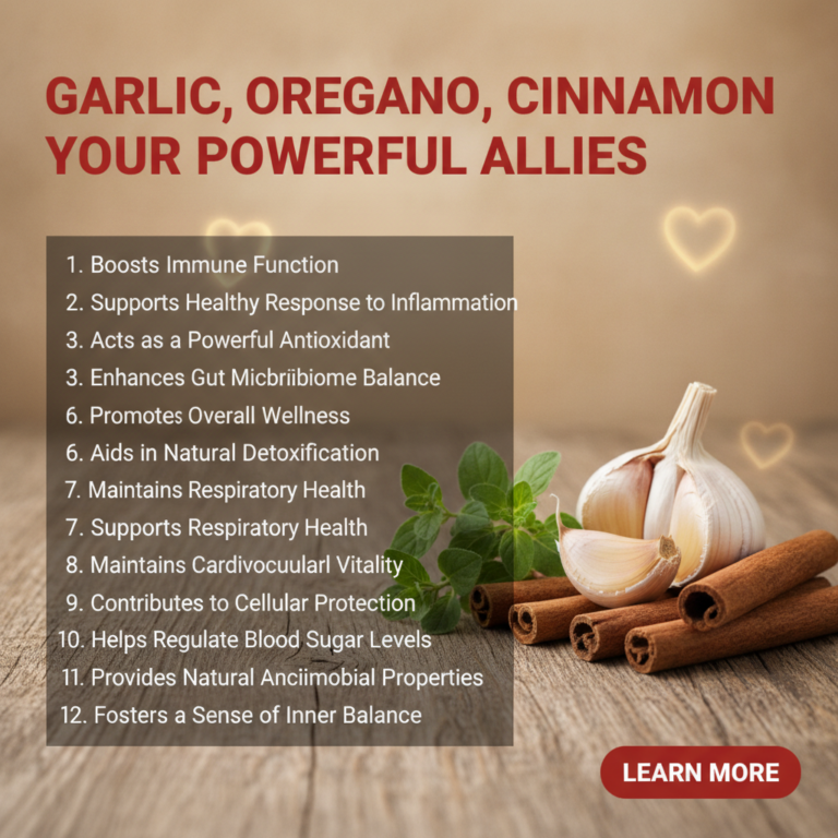 A close-up shot of fresh garlic cloves dried oregano leaves and cinnamon sticks arranged aesthetically suggesting their 