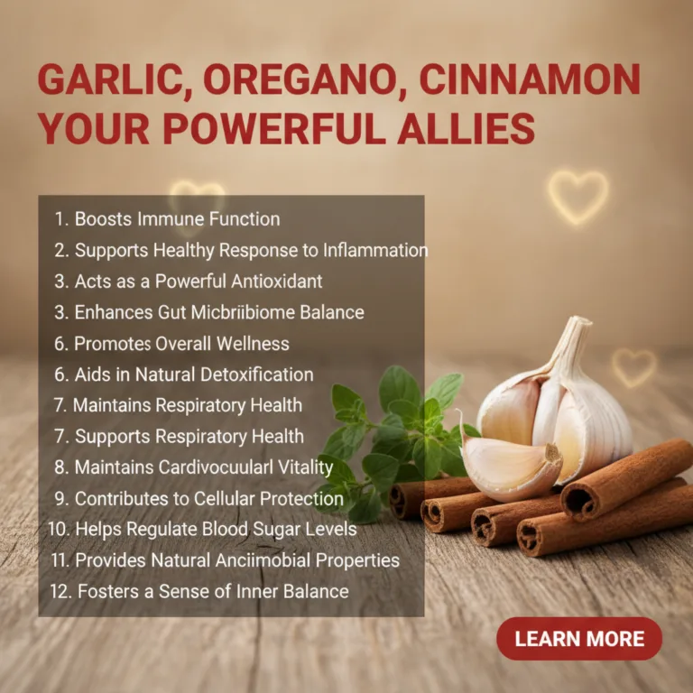 A close-up shot of fresh garlic cloves dried oregano leaves and cinnamon sticks arranged aesthetically suggesting their 