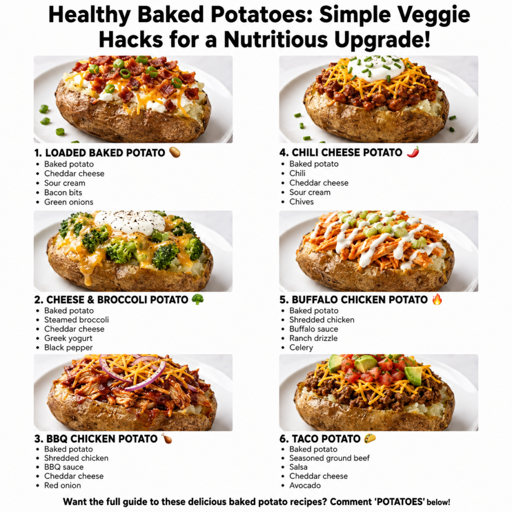 An overhead shot of six different baked potatoes each topped with vibrant and distinct vegetable fillings set on a rusti