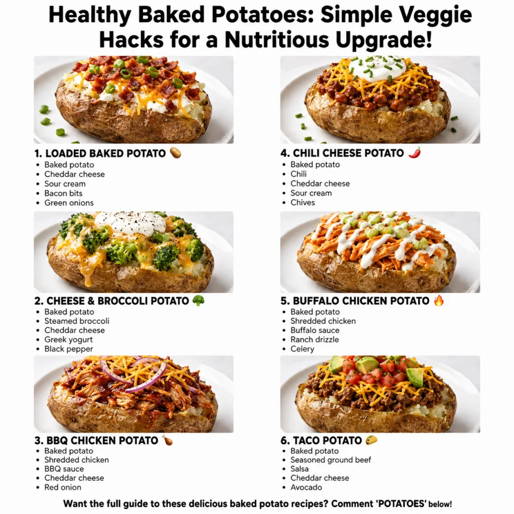 An overhead shot of six different baked potatoes each topped with vibrant and distinct vegetable fillings set on a rusti