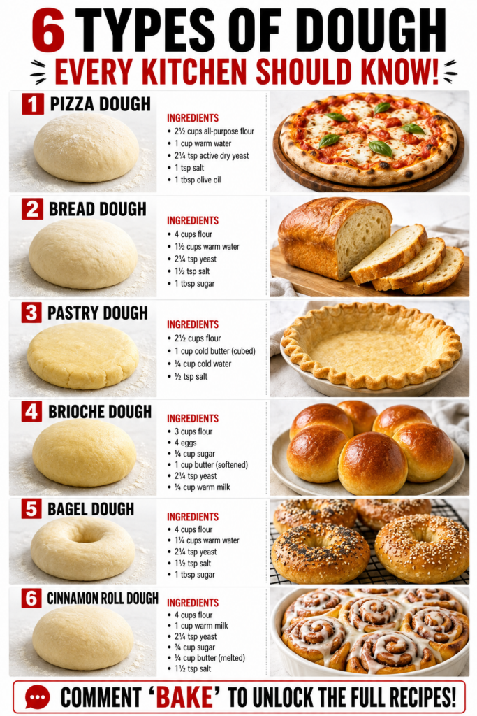 An overhead shot of six different types of raw dough pizza bread pastry brioche bagels cinnamon roll arranged artfully o