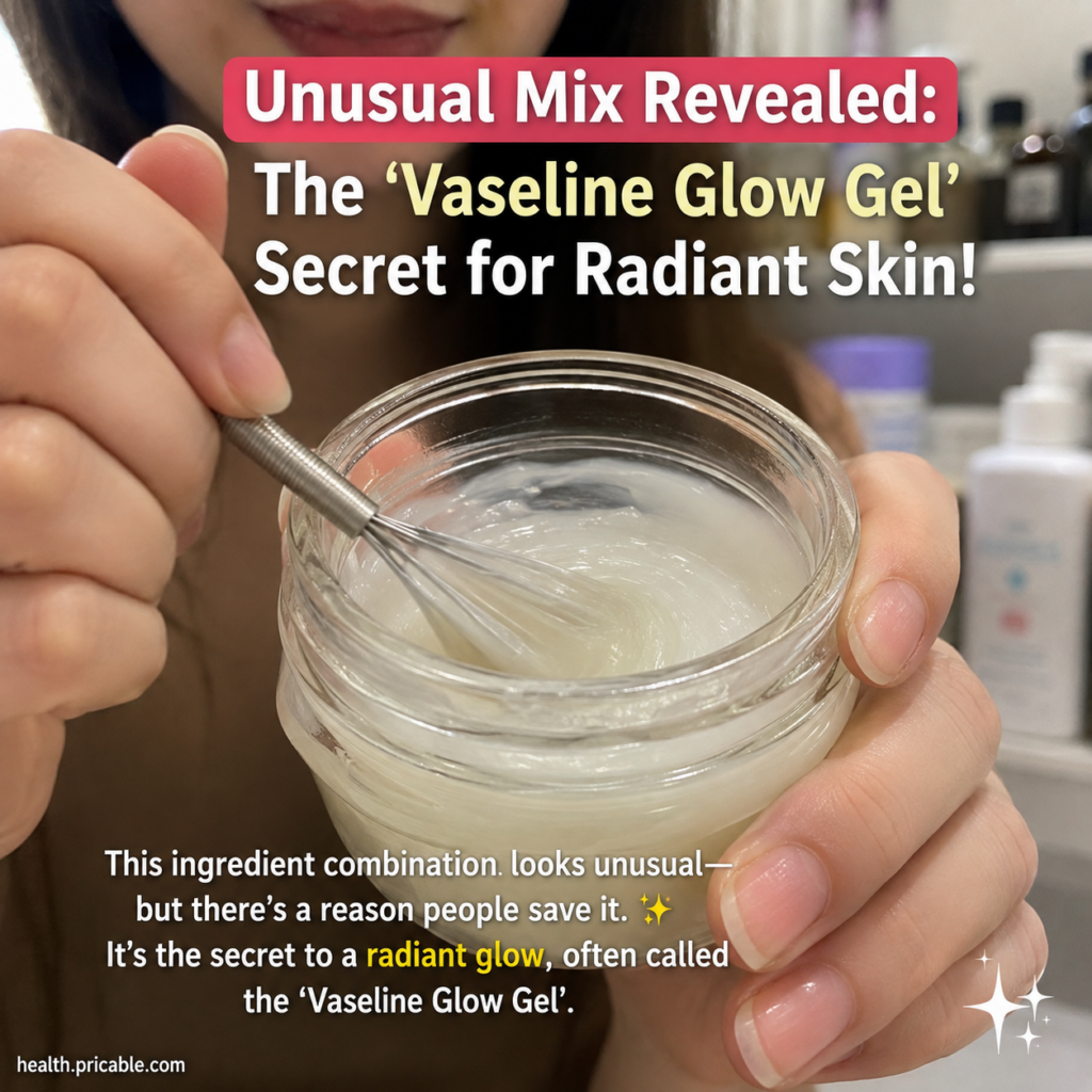 A small clear glass jar filled with a glossy light yellow homemade Vaseline glow gel with a couple of fresh aloe vera le