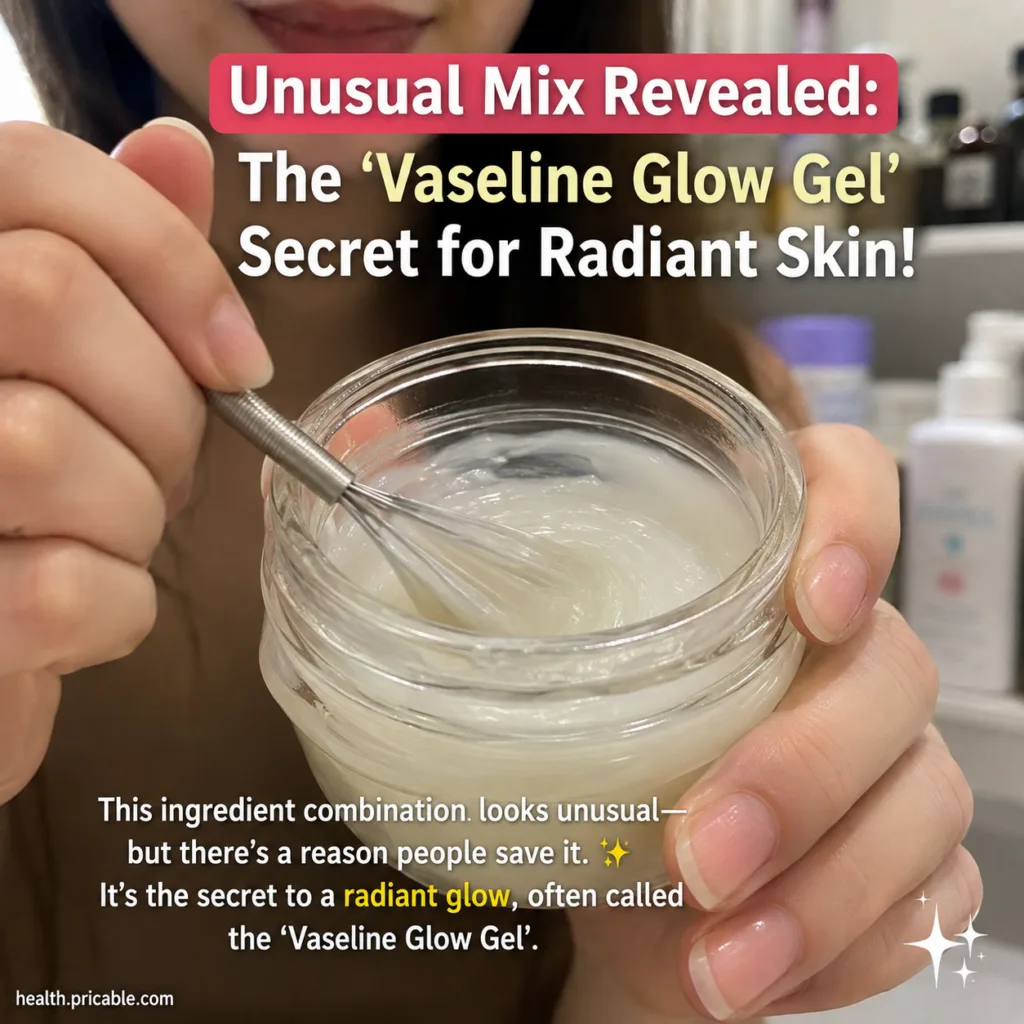 A small clear glass jar filled with a glossy light yellow homemade Vaseline glow gel with a couple of fresh aloe vera le
