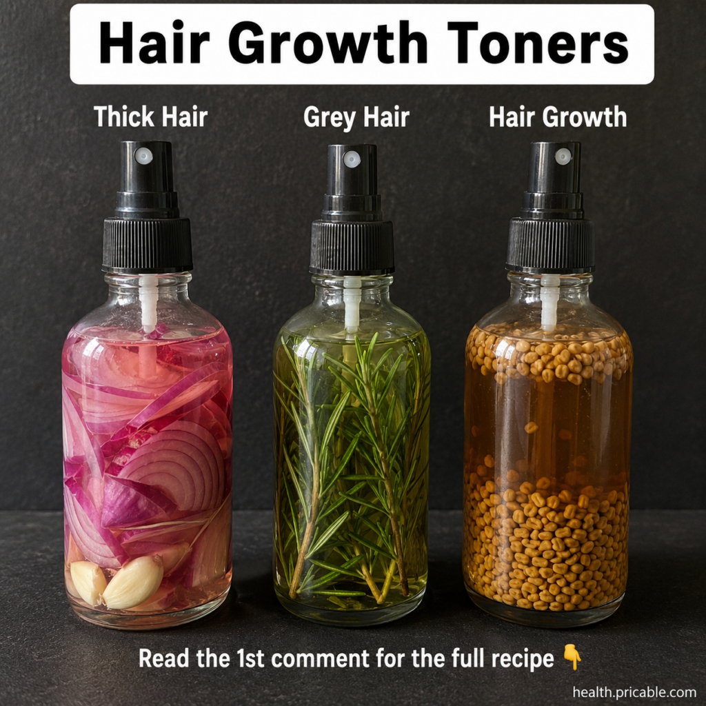 A serene image of a grandmother with long healthy dark hair gently holding small bottles of homemade hair toners made fr