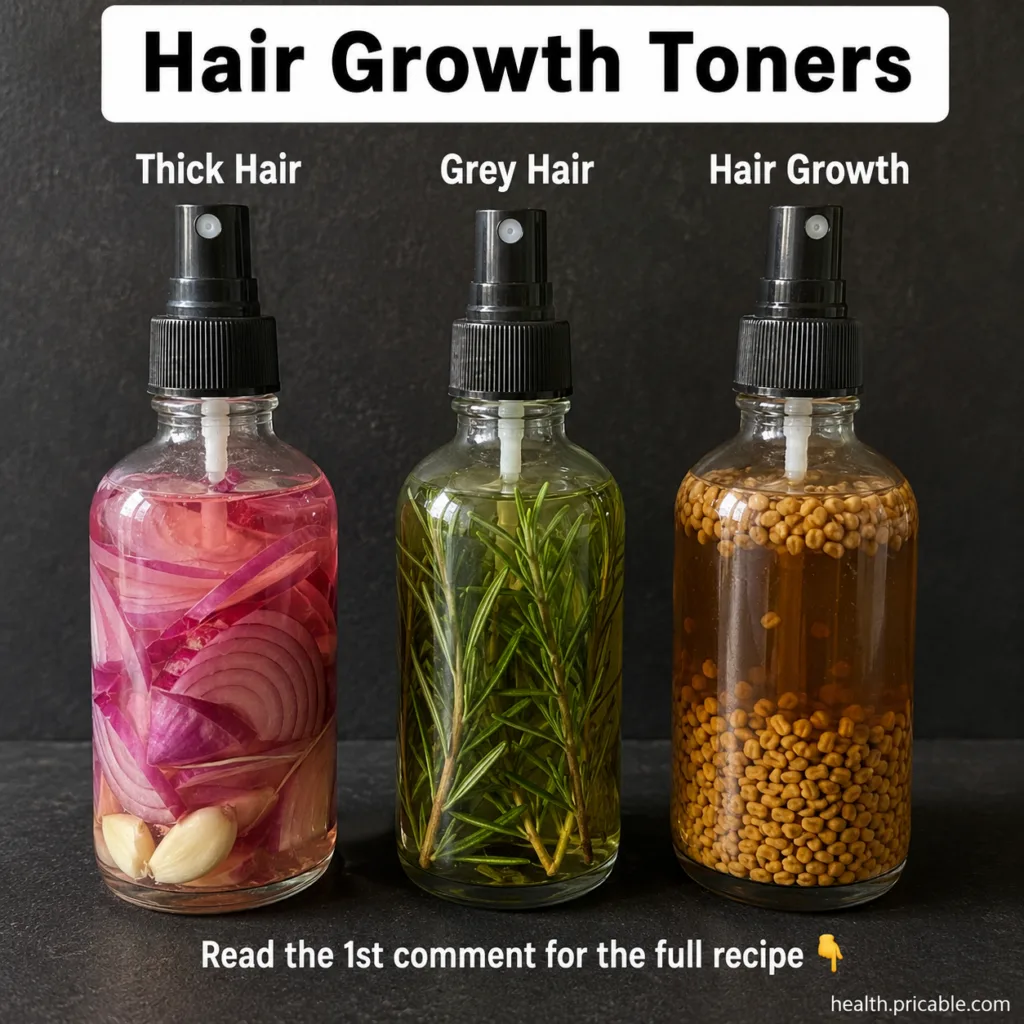 A serene image of a grandmother with long healthy dark hair gently holding small bottles of homemade hair toners made fr