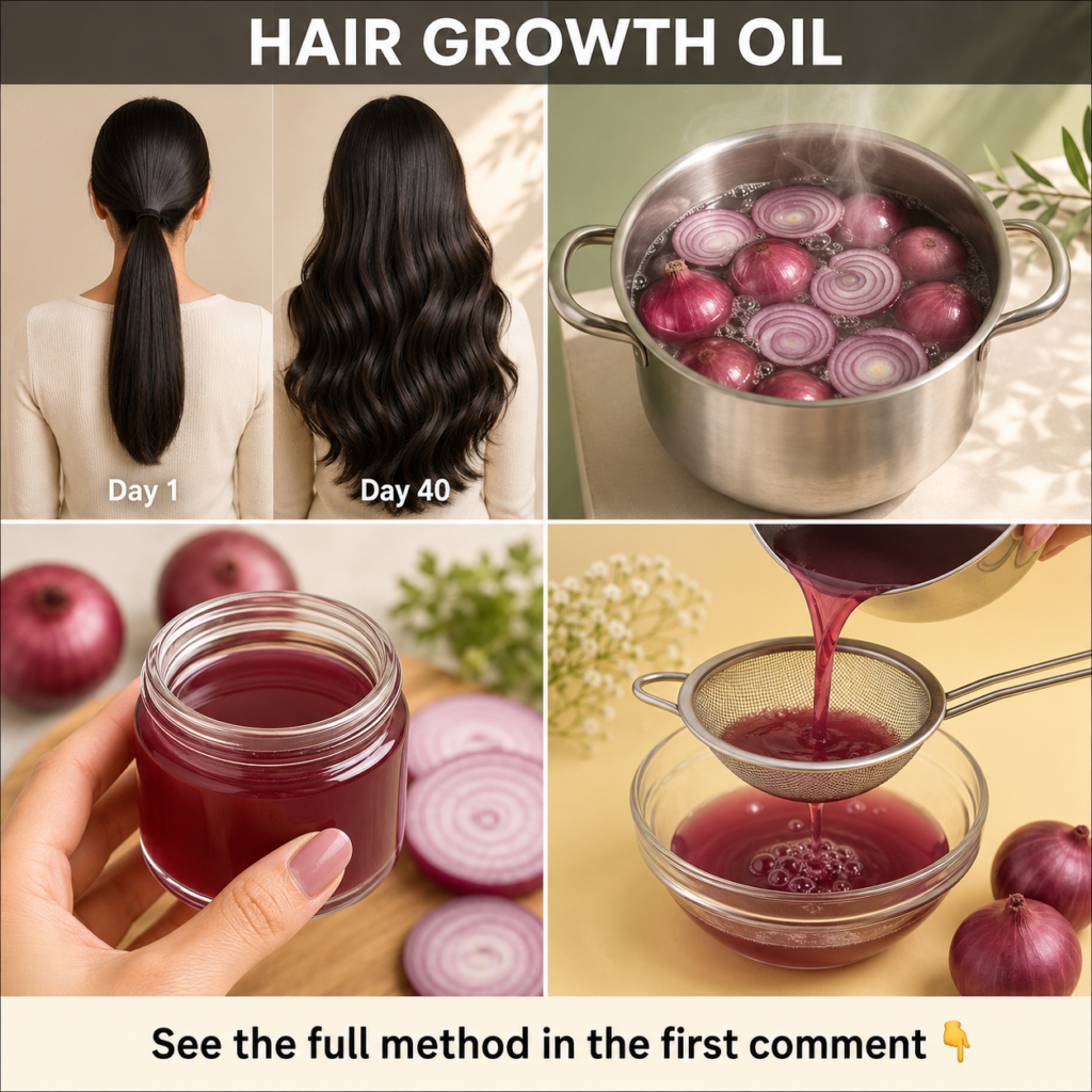 A close-up of fresh red onions and sliced onions with a bottle of homemade onion hair oil beside them suggesting natural