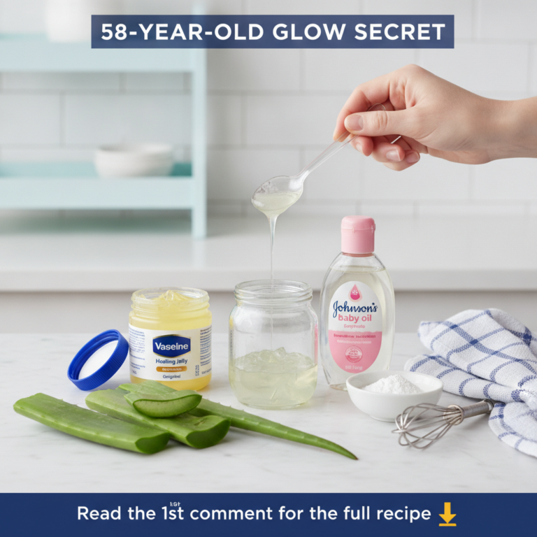 A clear glass bowl containing a creamy mixture of Vaseline aloe vera gel and baby oil with a small spoon resting in it T