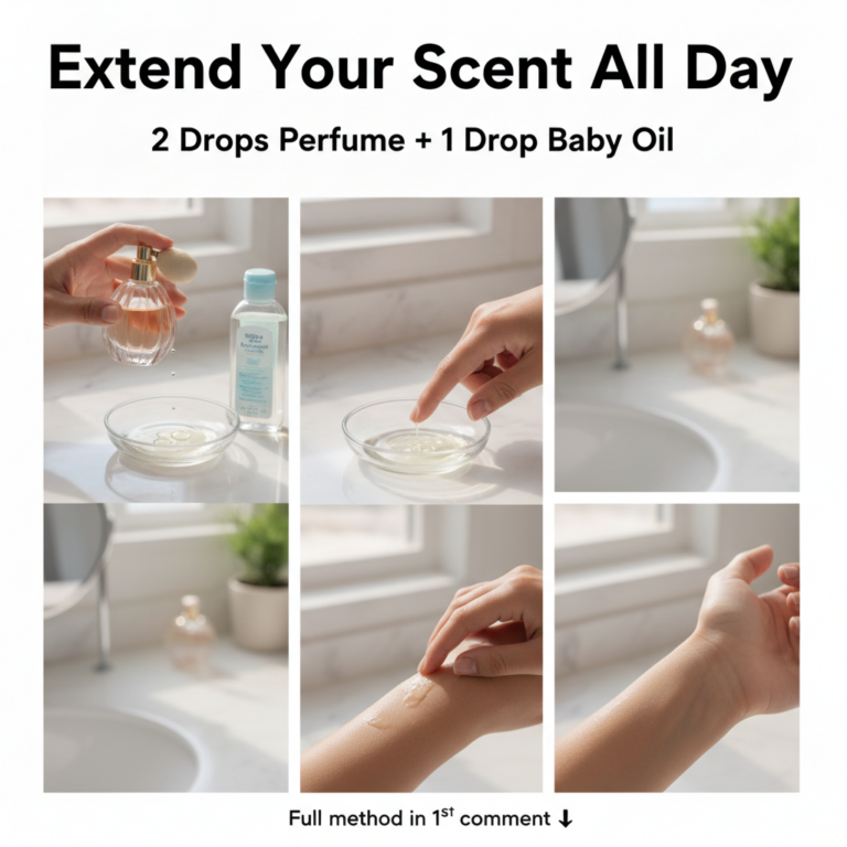 A person s hand applying a mixture of perfume and baby oil to their wrist with bottles of baby oil and perfume in the ba