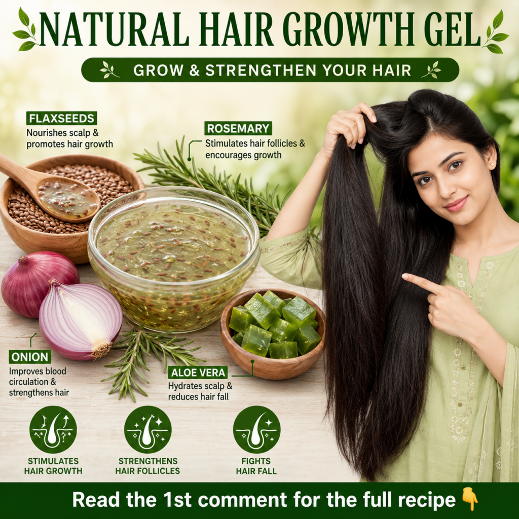 Ingredients for natural hair growth gel flaxseeds rosemary sprigs and a red onion along with a small jar of the finished