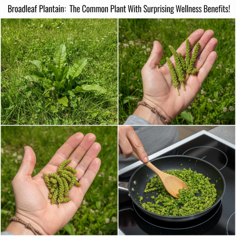 Close-up of broadleaf plantain leaves and flower stalks growing in a natural setting like a lawn or garden path