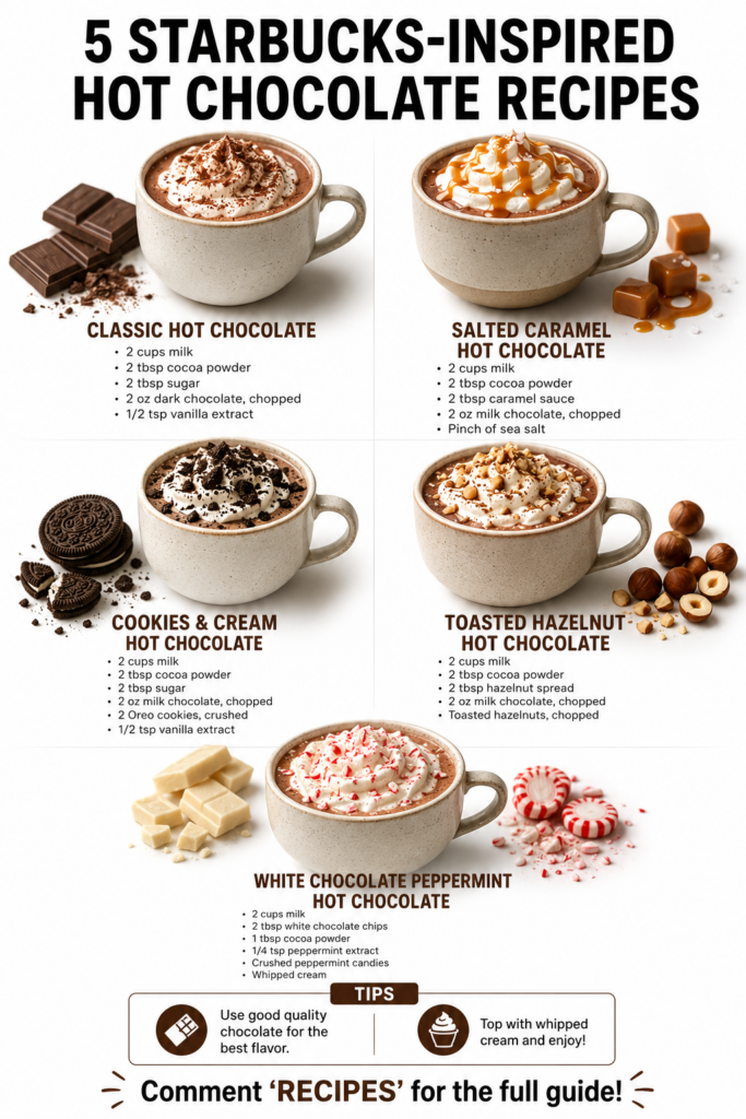 A visual collage or flat lay featuring five different Starbucks-inspired hot chocolate recipes each in a unique mug with