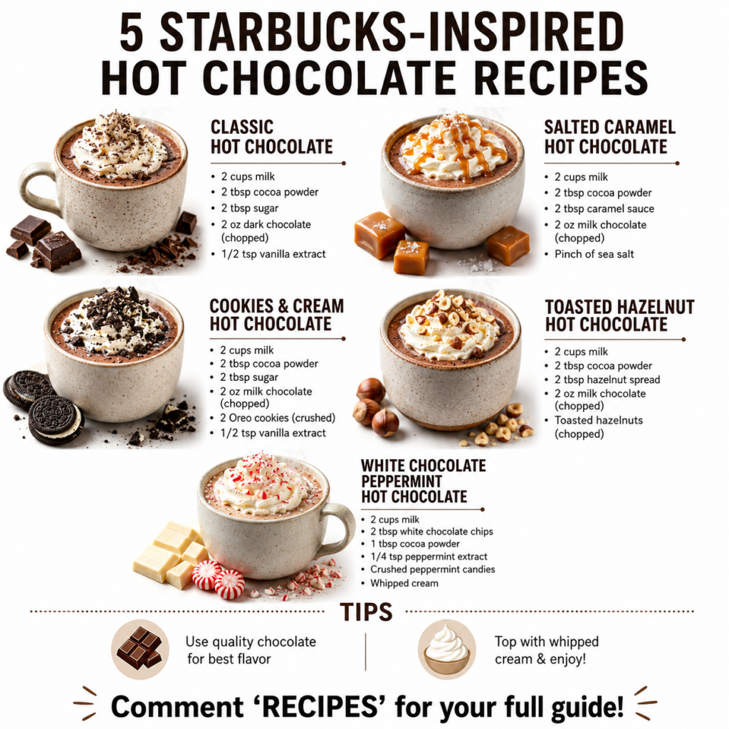 A cozy flat lay of five different Starbucks-inspired hot chocolate mugs on a wooden table each with unique toppings like
