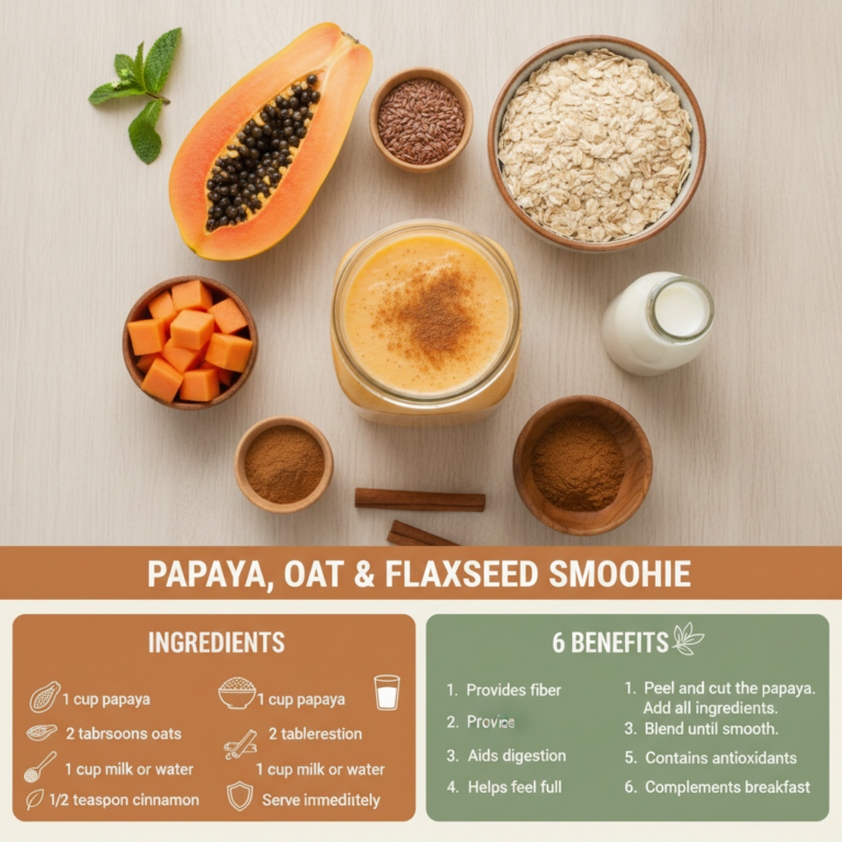 A creamy papaya smoothie blended with oats flaxseed and a hint of cinnamon served in a glass with ingredients arranged a