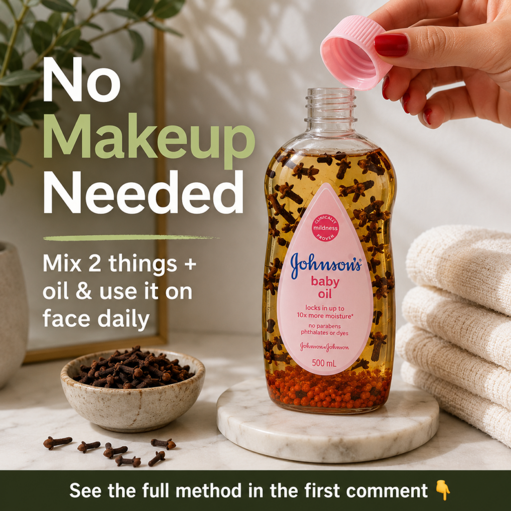 A close-up of a small glass bottle with baby oil and whole cloves inside suggesting a DIY skincare mixture with soft nat