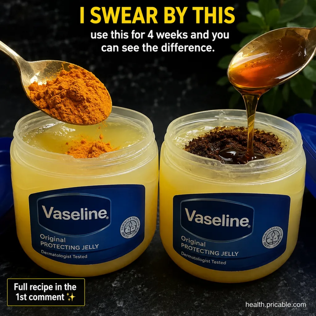 A close-up shot of a small glass jar filled with Vaseline next to small bowls containing turmeric powder and honey sugge