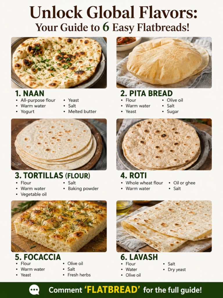 A vibrant spread of six different types of homemade flatbreads including fluffy naan soft tortillas and other simple var