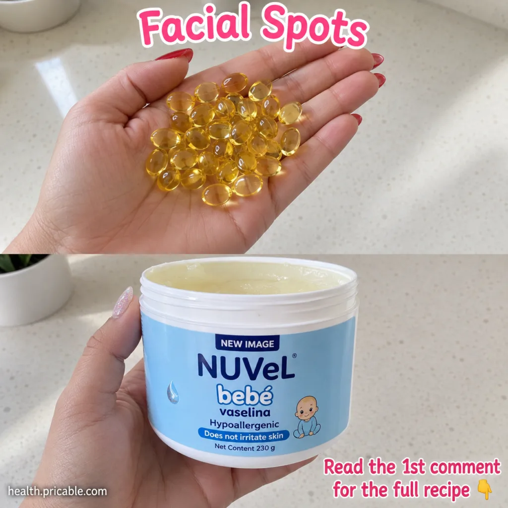 A woman gently dabbing a small amount of the homemade Vitamin E and petroleum jelly balm onto a facial spot on her cheek