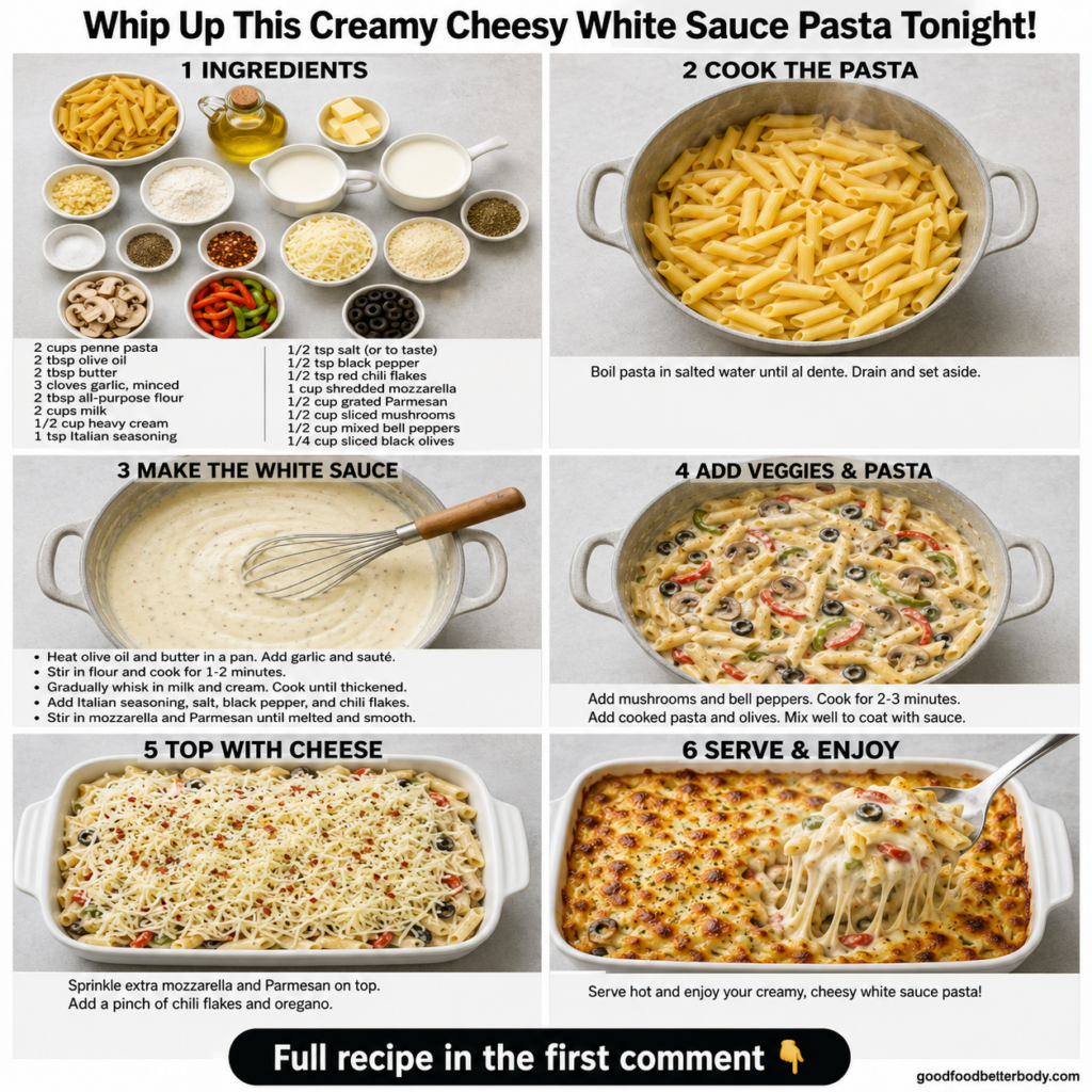 A perfectly plated bowl of classic creamy cheesy white sauce pasta garnished with fresh parsley on a rustic wooden table