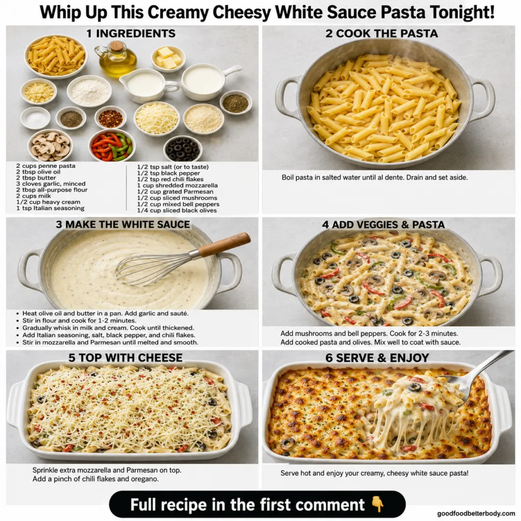 A perfectly plated bowl of classic creamy cheesy white sauce pasta garnished with fresh parsley on a rustic wooden table