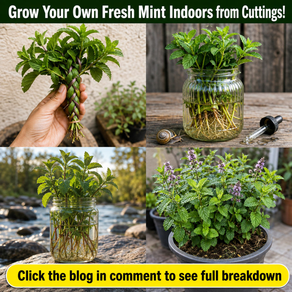 A vibrant healthy mint plant thriving indoors in a small pot with a few fresh cuttings nearby in a glass of water showca