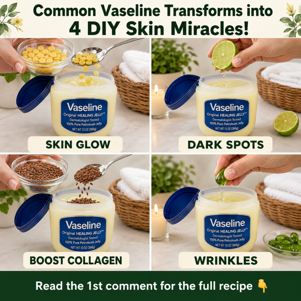A small open jar of Vaseline petroleum jelly on a clean light-colored surface with tiny bowls of natural ingredients lik