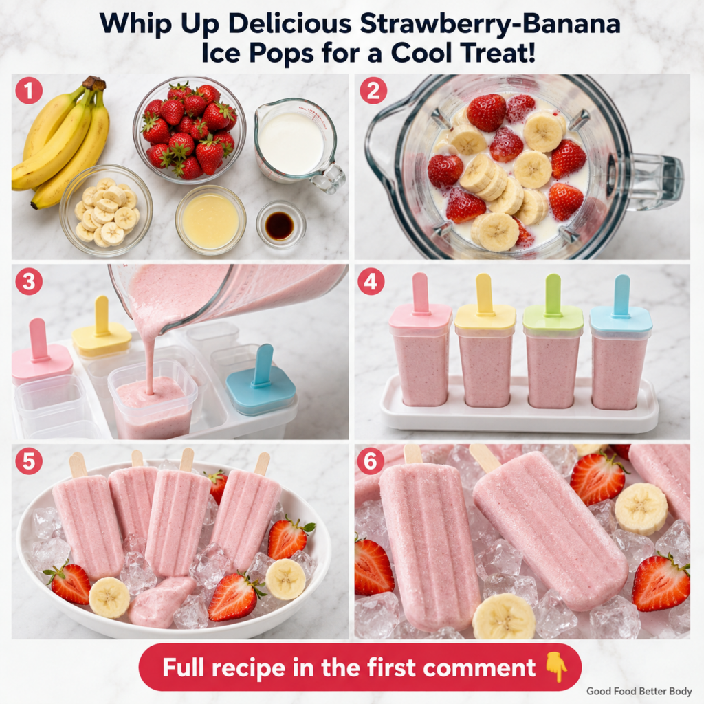 Vibrant red and yellow Strawberry-Banana Ice Pops arranged neatly in a glass on a bright sunny background with fresh str