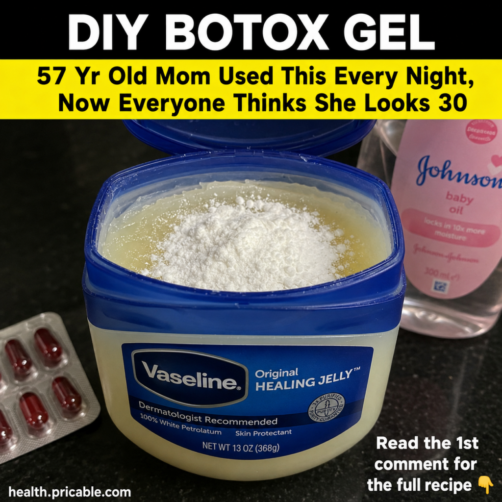 A woman in her 50s applying a clear homemade gel to her face smiling gently in a bright bathroom setting