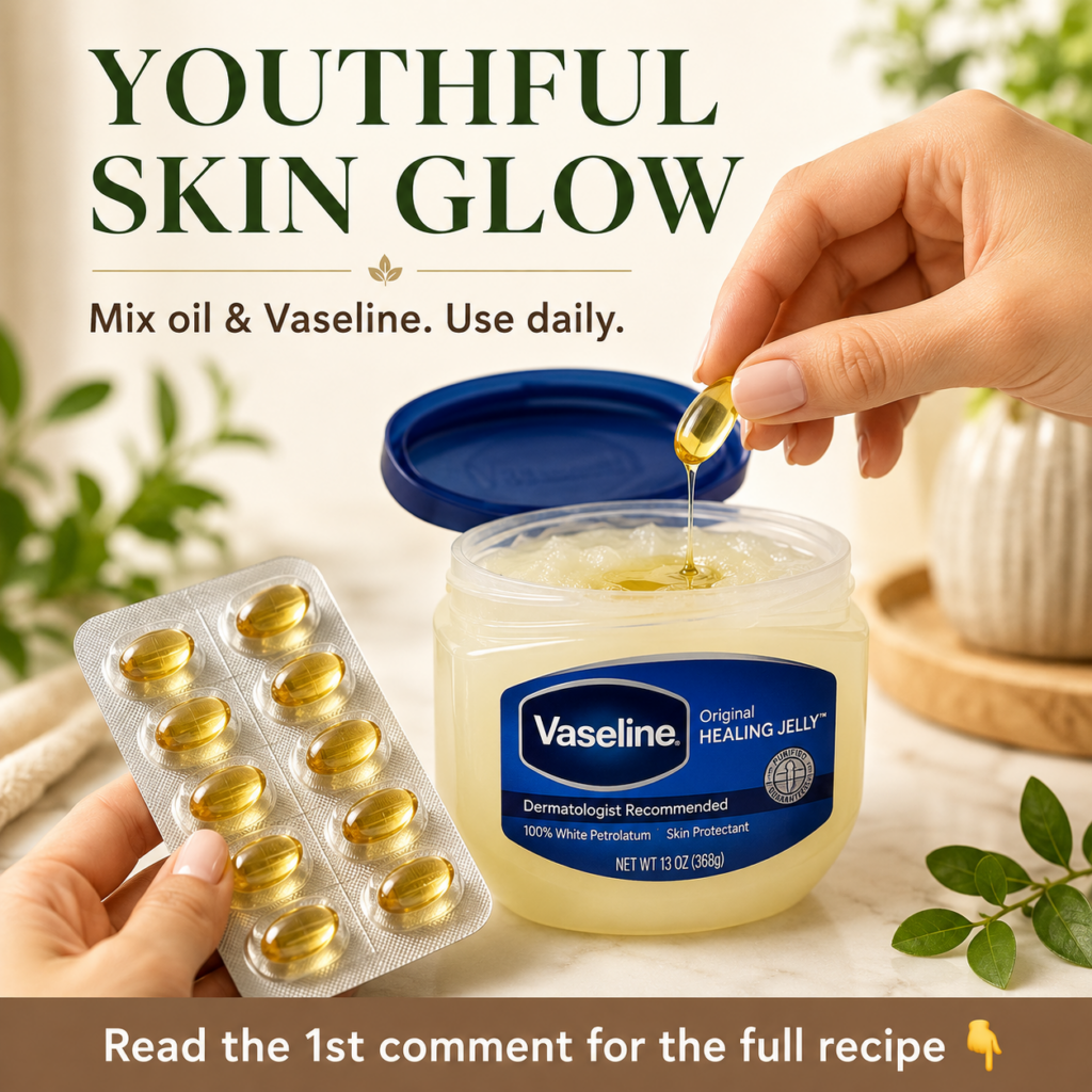 A close-up shot of a small clear glass jar of Vaseline next to a single amber-colored oil capsule perhaps vitamin E or j