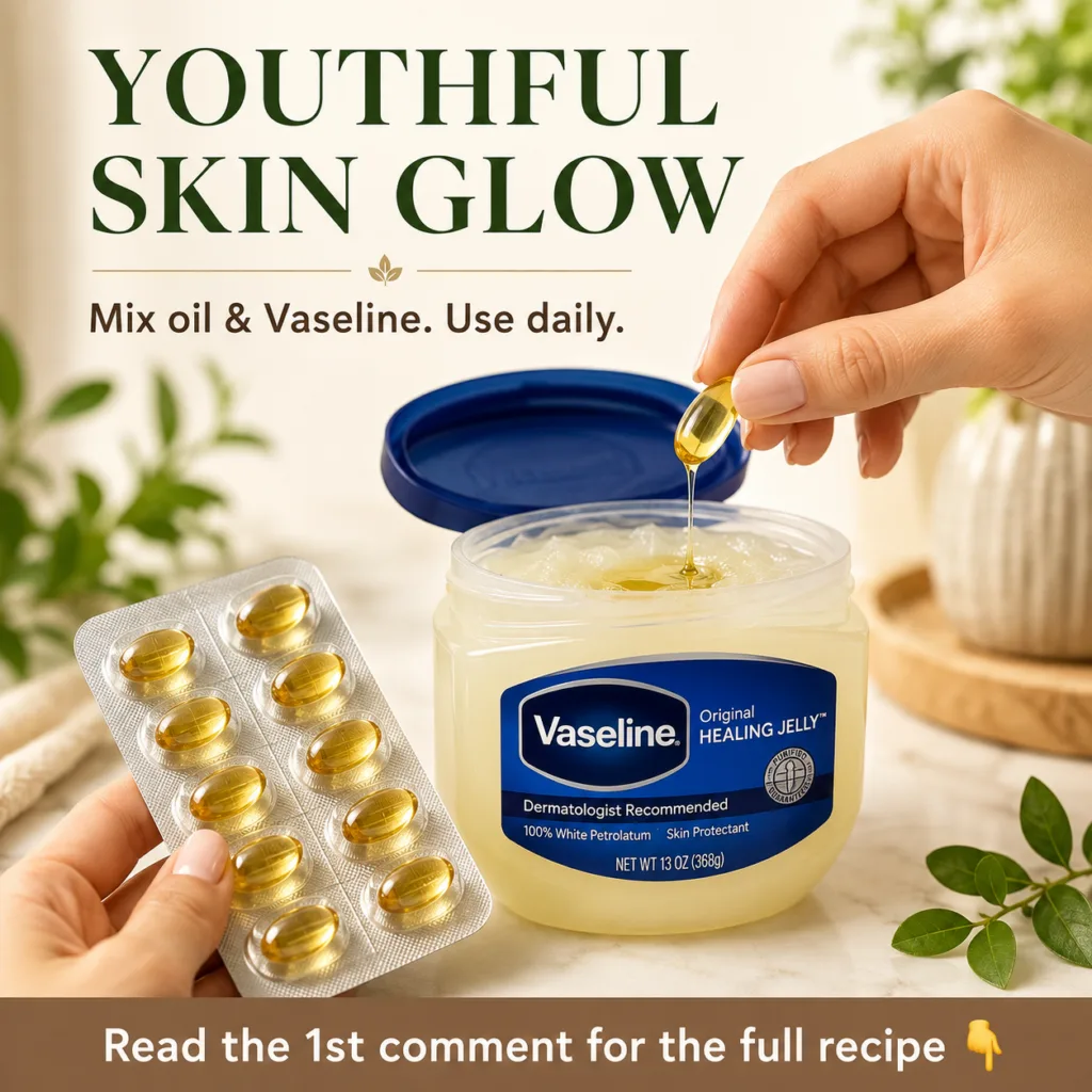 A close-up shot of a small clear glass jar of Vaseline next to a single amber-colored oil capsule perhaps vitamin E or j